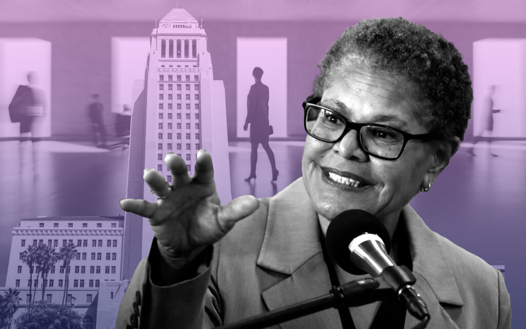 Collage with a smiling woman speaking into a microphone in the foreground, silhouettes of business people walking in an office lobby, and a tall civic building in the background.
