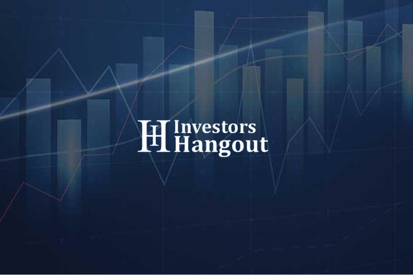 Graphic with a dark blue background featuring vertical and diagonal translucent bar and line chart elements, with the text ‘Investors Hangout’ in white centered over the chart.