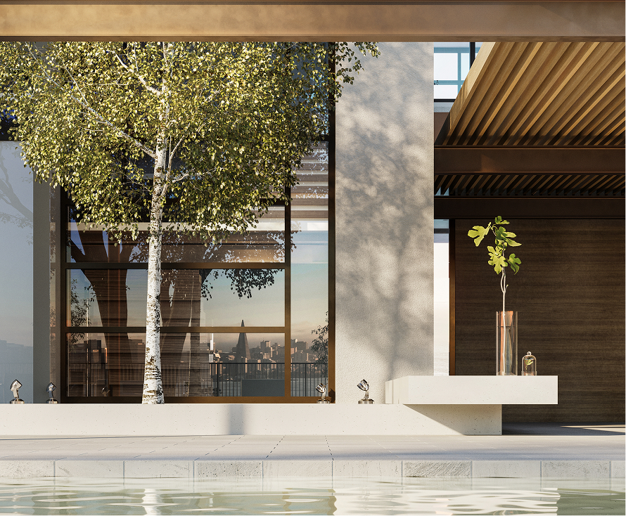 Modern building exterior with large floor-to-ceiling windows, a tall leafy tree in front, a low concrete bench with a plant vase on top, and a pool or reflecting water in the foreground.