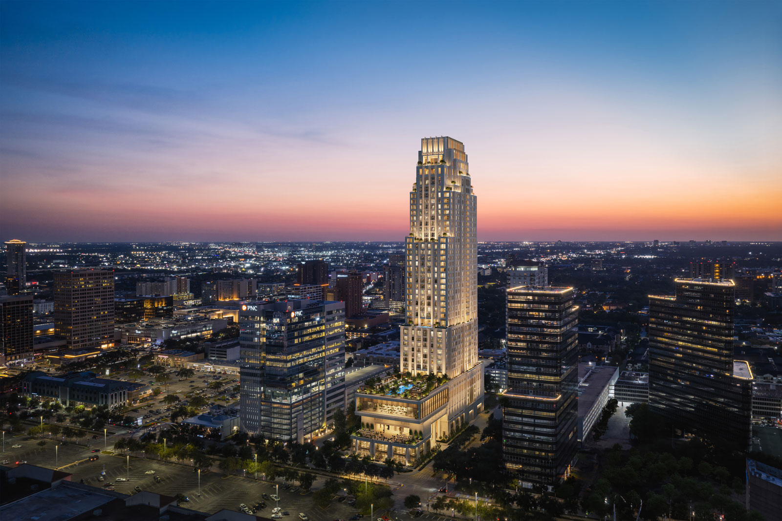 Architectural rendering of The Ritz-Carlton Residences, Houston, showing a tall modern residential tower with illuminated crown and stepped upper floors rising above surrounding city buildings at dusk.